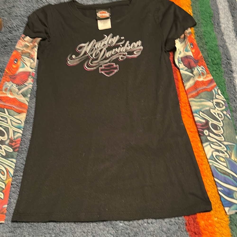 Harley Davidson l/s tee with layered tattoo sleeve look. Medium. Shirt